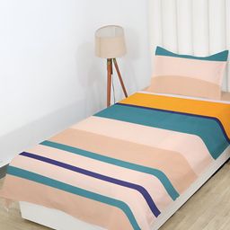 RD TREND Beige & Teal Striped Cotton 210 TC Single Bedsheet With 1 Pillow Cover-picture-19