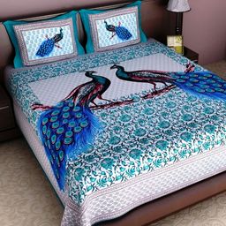 UBANIA COLLECTION Blue Printed 120 TC Cotton Queen Bedsheet with 2 Pillow Covers-image-96