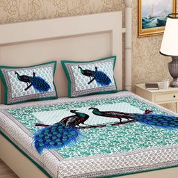 UBANIA COLLECTION Green & White Printed Cotton 120 TC Queen Bedsheet with 2 Pillow Covers-image-70