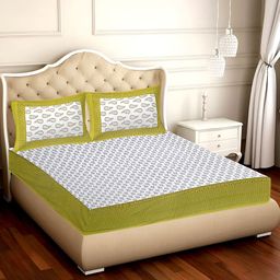 UBANIA COLLECTION Green & White Printed Cotton 120 TC Queen Bedsheet with 2 Pillow Covers-image-66