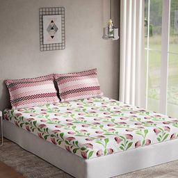 DDecor White & Red Floral Cotton 144 TC Queen Bedsheet With 2 Pillow Covers-picture-20