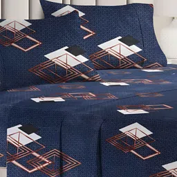 bsb home Navy Blue & White Geometric 144 TC Queen Bedsheet with 2 Pillow Covers-80
