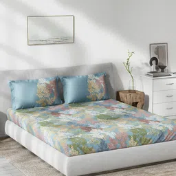 DDecor Live Beautiful Blue & Pink Floral Cotton 144 TC Queen Bedsheet with 2 Pillow Covers-image-34