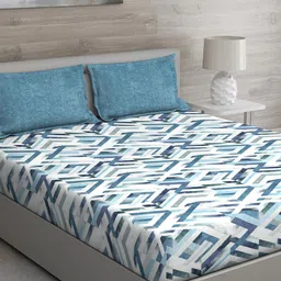 GM Blue & White Geometric 150 TC Queen Bedsheet with 2 Pillow Covers-image-5
