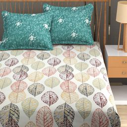 Aura Green & White Floral 160 TC Queen Bedsheet With 2 Pillow Covers-image-129