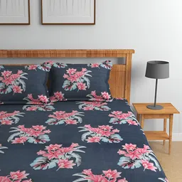 Florida Blue & Red Floral Cotton 180 TC Queen Fitted Bedsheet with 2 Pillow Covers-image-92