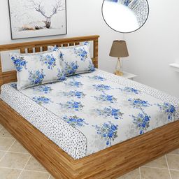 BREVARD Blue 210 TC Fitted Queen Bedsheet With 2 Pillow Covers-image-14