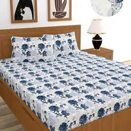 BREVARD White & Navy Blue Printed Cotton 210 TC Fitted Queen Bedsheet With 2 Pillow Covers-image-100