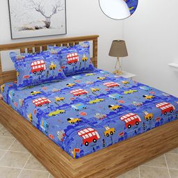 BREVARD Blue & Red Printed Fitted 210 TC Queen Bedsheet With 2 Pillow Covers-image-57