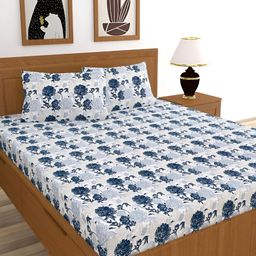 BREVARD Off white & Blue Floral Cotton 210 TC Queen Bedsheet with 2 Pillow Covers-image-38