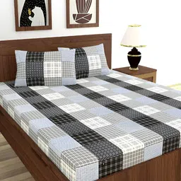 BREVARD Grey & Black Geometric Printed 210 TC Fitted Queen Bedsheet With 2 Pillow Covers-11