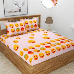 BREVARD Pink & Orange Printed Cotton 210 TC Fitted Queen Bedsheet with 2 Pillow Covers-image-45