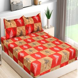 Bromwick Red & Brown Floral Cotton 210 TC Queen Bedsheet with 2 Pillow Covers 110 GSM-17