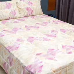 inizio Beige & Pink Geometric Cotton 220 TC Queen Bedsheet with 2 Pillow Covers-image-46