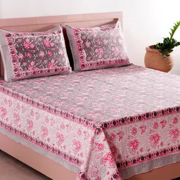 HANDICRAFT PALACE Grey & Pink Printed Pure Cotton 300 TC Queen Bedsheet & 2 Pillow Covers-image-9