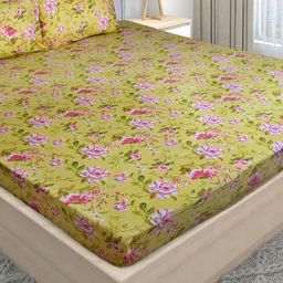 Stylista Yellow Floral Cotton 400 TC Fitted Queen Bedsheet with 2 Pillow Covers-image-47
