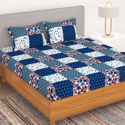 Bedspun Blue & White Geometric 150 TC Queen Bedsheet With 2 Pillow Covers-image-79