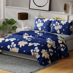 United Colors of Benetton Rainbow Navy Blue Floral Pure Cotton 144 TC King Bedsheet Set-image-8
