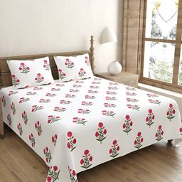 BED-SHEET.COM Red & White Floral 240 TC Cotton King Bedsheet with 2 Pillow Covers-image-6