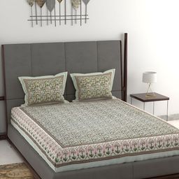 Wayne Martin Sea Green & Pink Floral Cotton 380 TC King Bedsheet With 2 Pillow Covers-picture-7