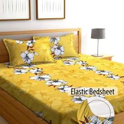 AEROHAVEN Yellow & White Floral Cotton Fitted 240 TC King Bedsheet With 2 Pillow Covers-image-12