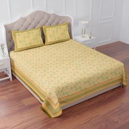 The Craft Monk Yellow & Green Cotton 240 TC King Bedsheet with 2 Pillow Covers-image-6
