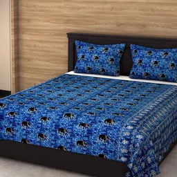 Varde Blue & Black Graphic 120 TC King Bedsheet with 2 Pillow Covers-picture-34