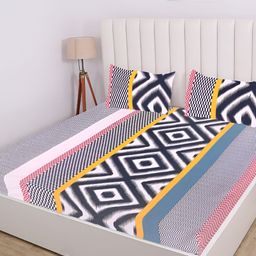 RD TREND Black & White Geometric Cotton 210 TC Fitted King Bedsheet With 2 Pillow Covers-image-83