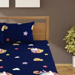 Bajo's Blue & White Printed Cotton 250 TC Fitted King Bedsheet with 2 Pillow Covers-image-23