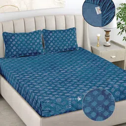 FABINALIV Blue Geometric Woolen 300 TC Fitted King Bedsheet with 2 Pillow Covers-image-84