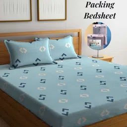 Arrabi Blue & White Graphic 300 TC King Bedsheet with 2 Pillow Covers-image-23