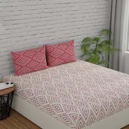 Huesland Comfort White & Peach Geometric 144 TC Cotton King Bedsheet & 2 Pillow Covers-image-66