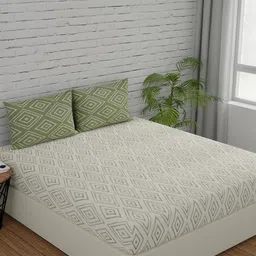 Huesland Comfort White & Green Printed 144 TC Cotton King Bedsheet & 2 Pillow Covers-image-26