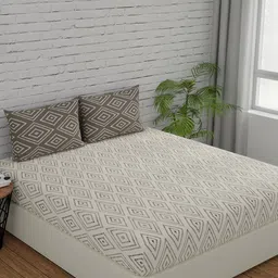 Huesland Comfort White & Taupe Printed 144 TC Cotton King Bedsheet & 2 Pillow Covers-image-24