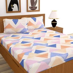 BREVARD Beige & Blue Printed 210 TC Double King Bedsheet with 2 Pillow Covers-image-43