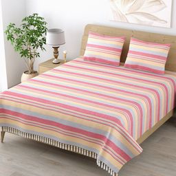 Varde Pink & Blue Striped 210 TC All Seasons Cotton King Bedsheet with 2 Pillow Covers-image-73