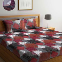Arrabi Grey & Red 300 TC King Bedsheet with 2 Pillow Covers-51