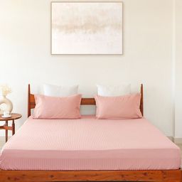 HOMEMONDE Pink 300 TC Cotton Satin Striped Fitted King Bedsheet with 2 Pillow Covers-image-62