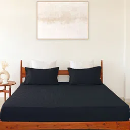 HOMEMONDE Navy Blue 300 TC Cotton Satin Striped Fitted King Bedsheet with 2 Pillow Covers-30
