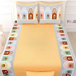 FABROLI Beige & Blue Floral 300 TC King Bedsheet with 2 Pillow Covers 130 GSM-image-45