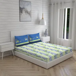 Layers Green & Blue Floral 104 TC King Bedsheet with 2 Pillow Covers-5