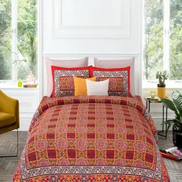 Qfab Red & Mustard Yellow Floral Printed 144 TC Cotton King Bedsheet with 2 Pillow Covers-16