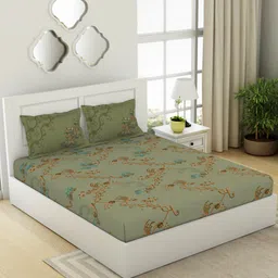 SPACES Lattice Grey & Green Floral Cotton 144 TC King Bedsheet With 2 Pillow Covers-image-41