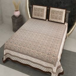 Qfab Beige Floral Cotton 144 TC King Bedsheet with 2 Pillow Covers-image-98