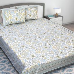 Texstylers White & Green Floral Print 210 TC Cotton King Bedsheet Set-picture-0