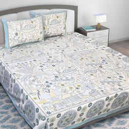 Texstylers Green & Blue Kantha Printed Cotton 210 TC King Bedsheet With 2 Pillow Covers-picture-33
