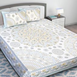 Texstylers White & Green Printed Cotton 210 TC Double King Bedsheet with 2 Pillow Covers-picture-3
