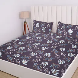 RD TREND Blue & Grey Floral Cotton 210 TC Fitted King Bedsheet With 2 Pillow Covers-image-79