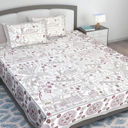 Texstylers Brown & White Kantha Pattern Cotton 210 TC King Bedsheet With 2 Pillow Covers-picture-21