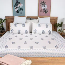 Baarno White & Blue Floral Cotton 220 TC Fitted King Bedsheet with 2 Pillow Covers-picture-10
